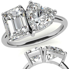 Unique Emerald and Heart 2-Stone Moissanite Engagement Ring