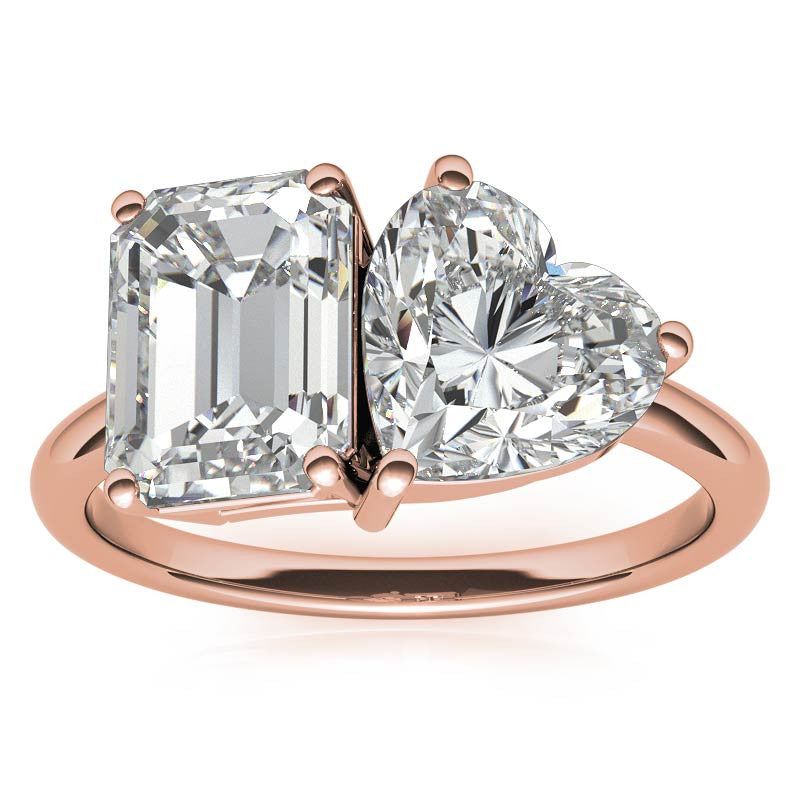 Unique Emerald and Heart 2-Stone Moissanite Engagement Ring