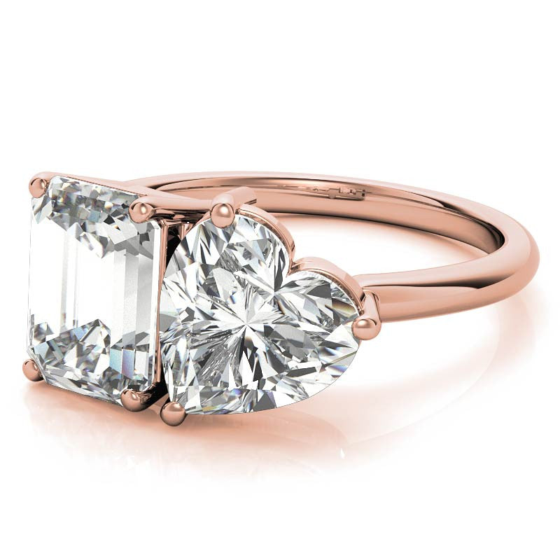 Unique Emerald and Heart 2-Stone Moissanite Engagement Ring