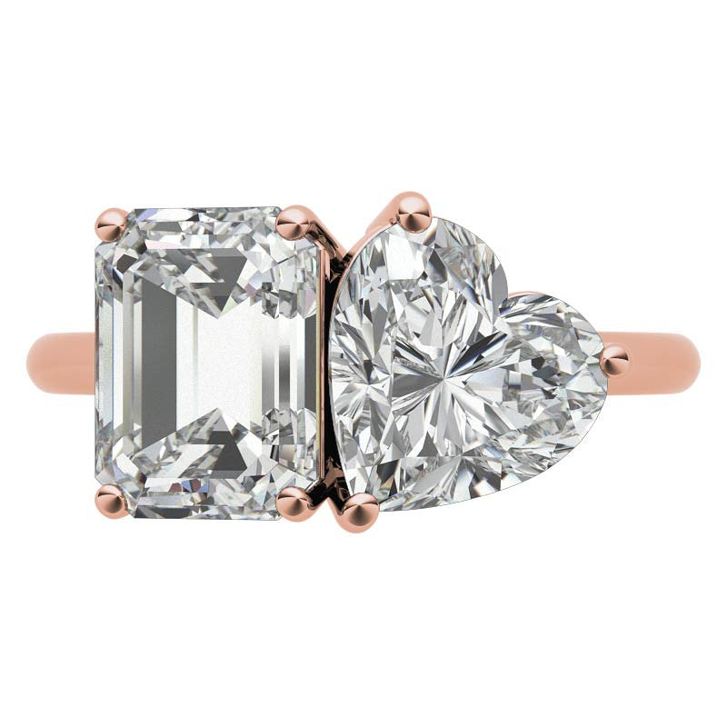 Unique Emerald and Heart 2-Stone Moissanite Engagement Ring