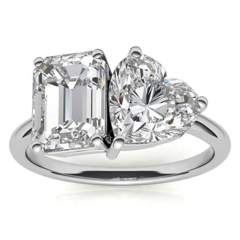 Unique Emerald and Heart 2-Stone Moissanite Engagement Ring