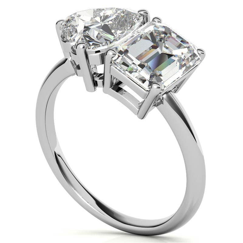 Unique Emerald and Heart 2-Stone Moissanite Engagement Ring