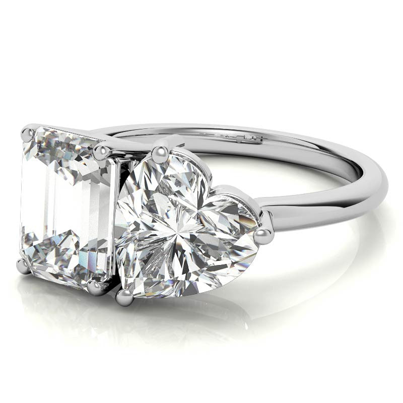 Unique Emerald and Heart 2-Stone Moissanite Engagement Ring