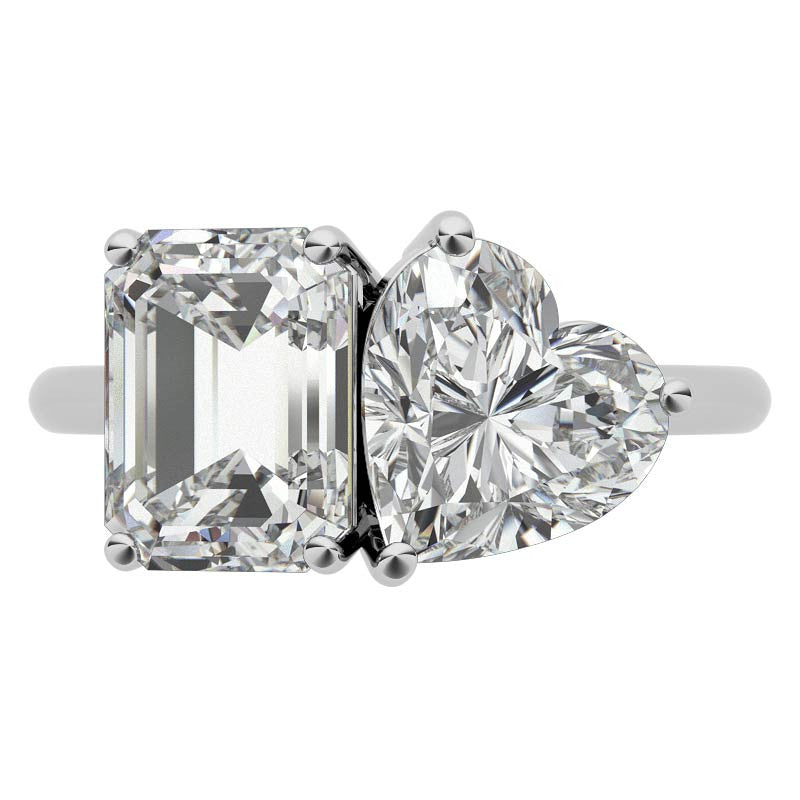 Unique Emerald and Heart 2-Stone Moissanite Engagement Ring