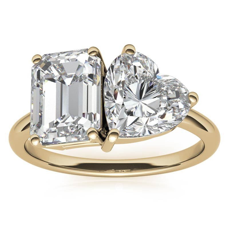 Unique Emerald and Heart 2-Stone Moissanite Engagement Ring