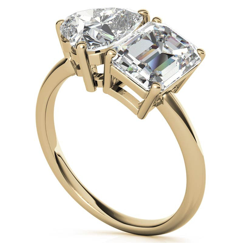Unique Emerald and Heart 2-Stone Moissanite Engagement Ring