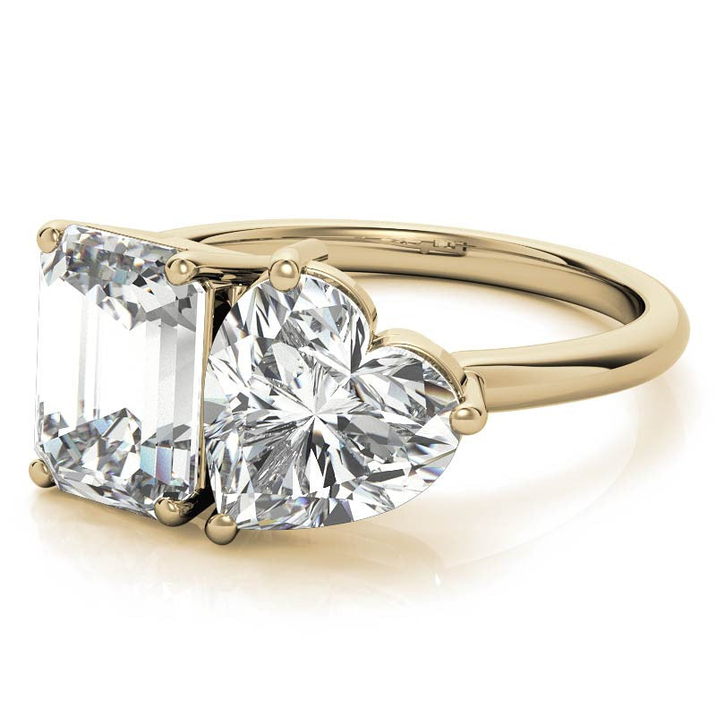 Unique Emerald and Heart 2-Stone Moissanite Engagement Ring