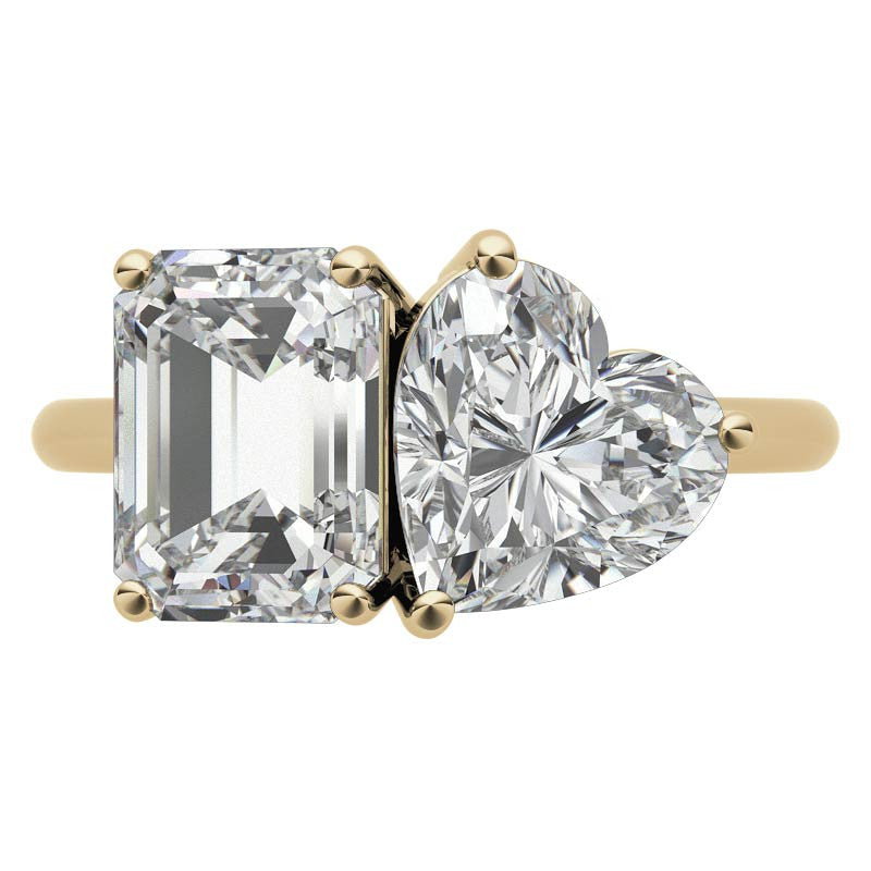 Unique Emerald and Heart 2-Stone Moissanite Engagement Ring