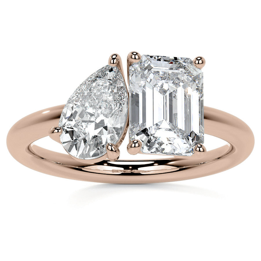 Unique Pear and Emerald 2-Stone Moissanite Engagement Ring