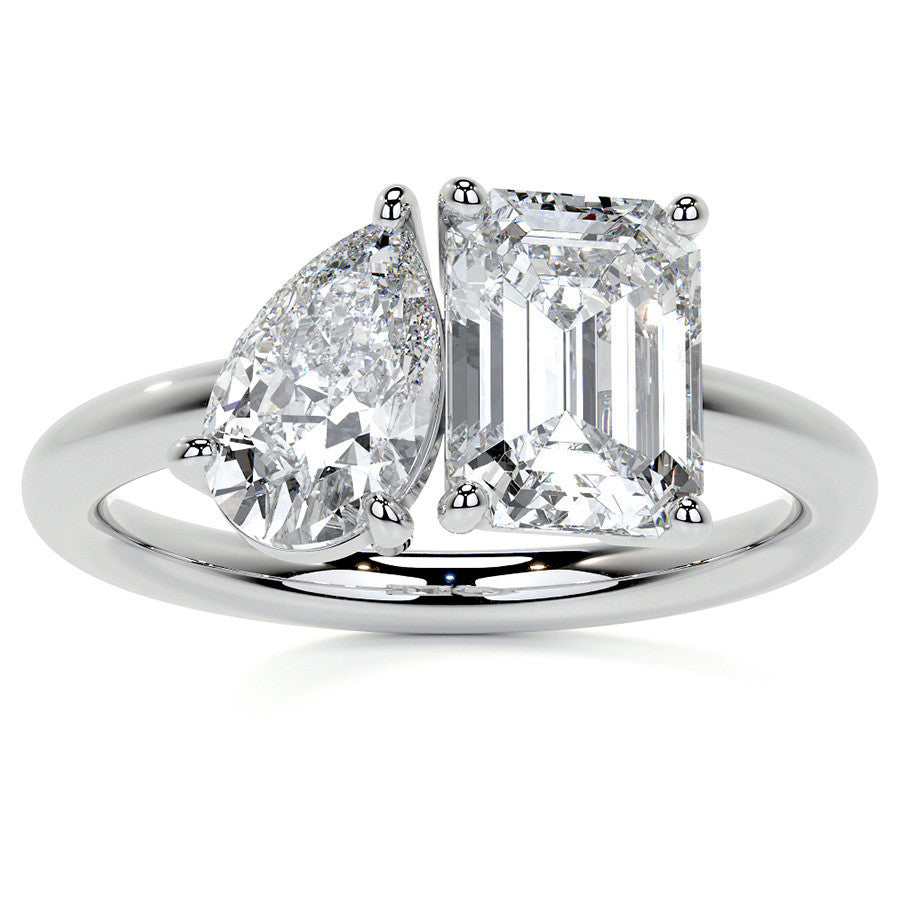 Unique Pear and Emerald 2-Stone Moissanite Engagement Ring