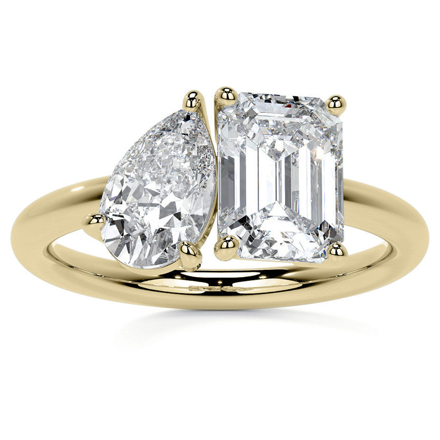 Unique Pear and Emerald 2-Stone Moissanite Engagement Ring