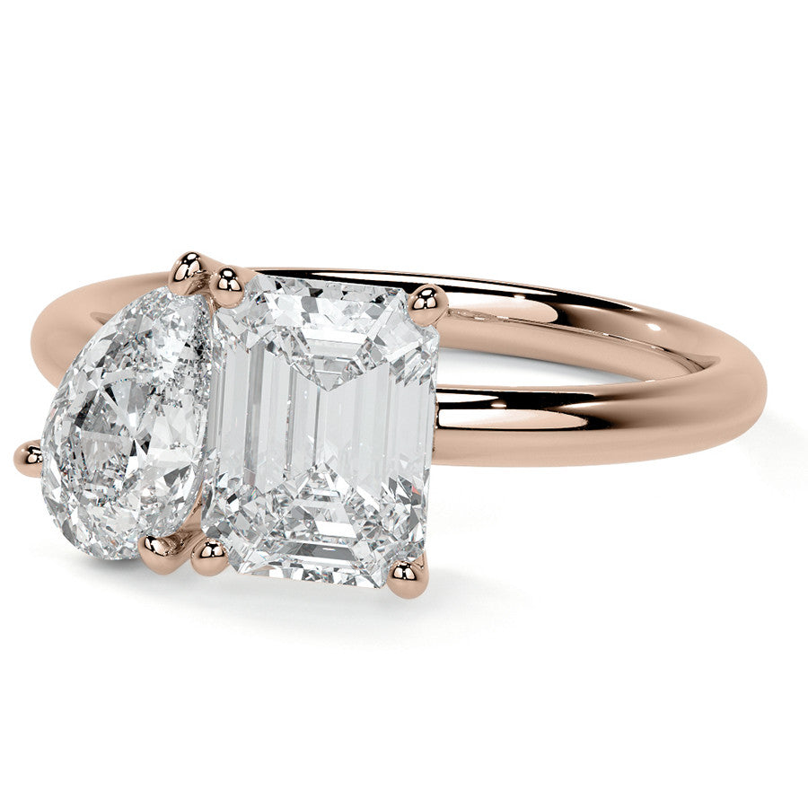 Unique Pear and Emerald 2-Stone Moissanite Engagement Ring