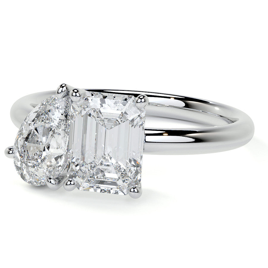 Unique Pear and Emerald 2-Stone Moissanite Engagement Ring