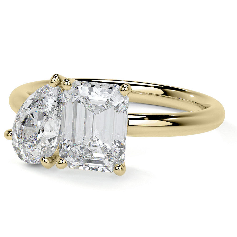 Unique Pear and Emerald 2-Stone Moissanite Engagement Ring