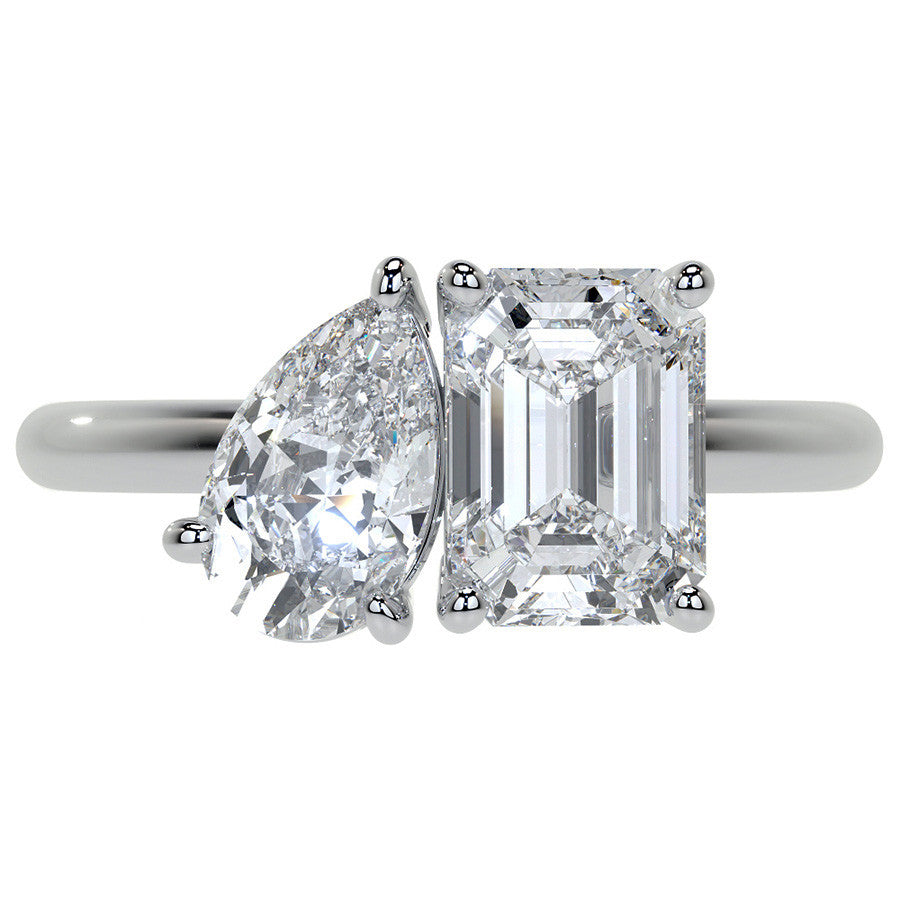 Unique Pear and Emerald 2-Stone Moissanite Engagement Ring