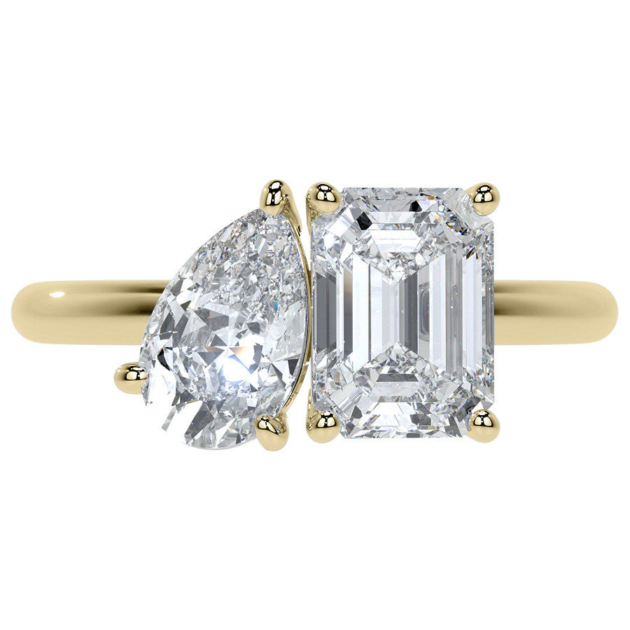 Unique Pear and Emerald 2-Stone Moissanite Engagement Ring