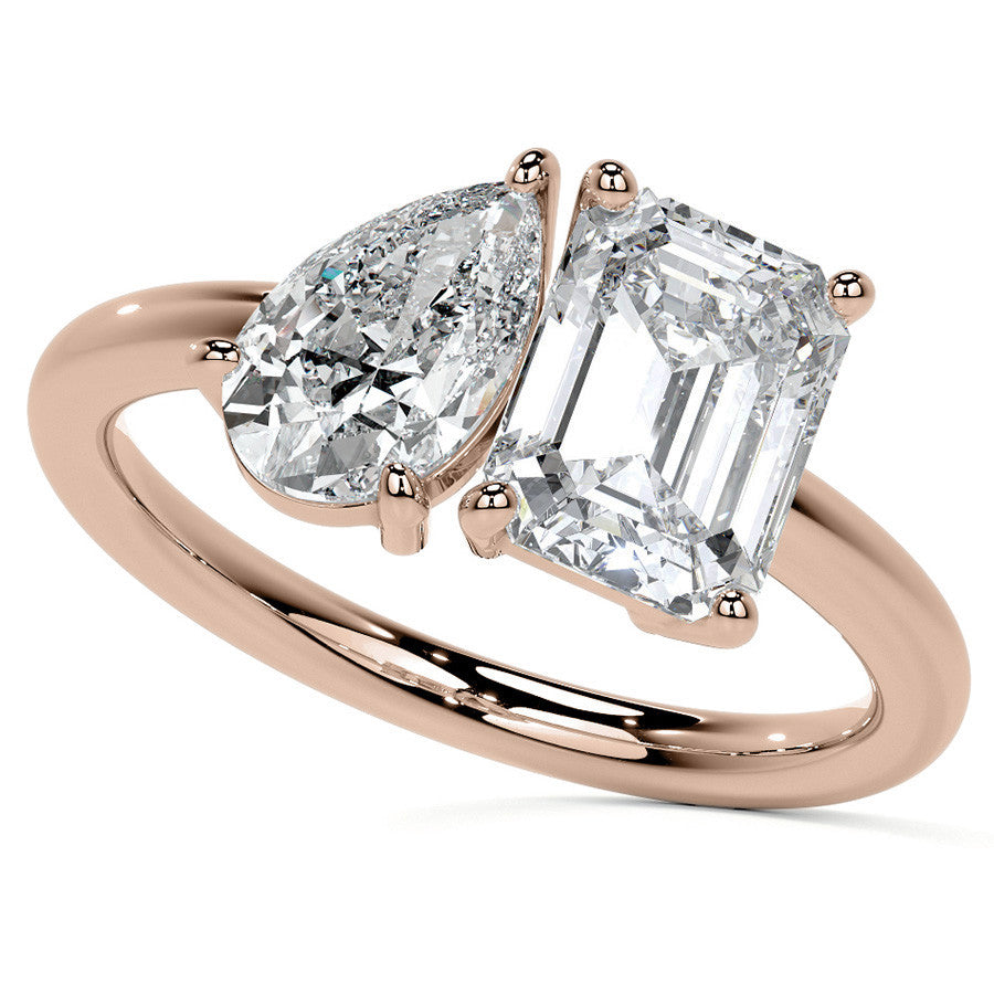 Unique Pear and Emerald 2-Stone Moissanite Engagement Ring