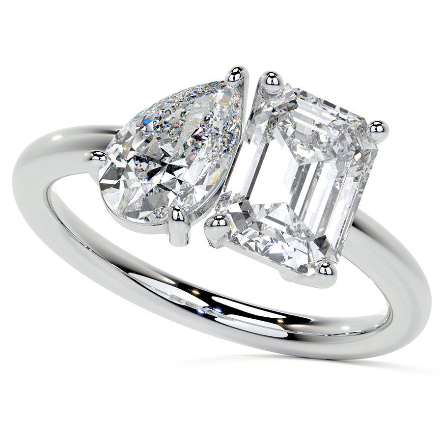 Unique Pear and Emerald 2-Stone Moissanite Engagement Ring