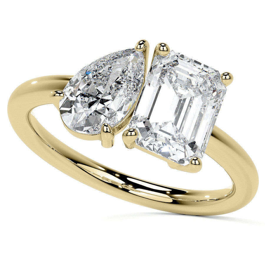 Unique Pear and Emerald 2-Stone Moissanite Engagement Ring