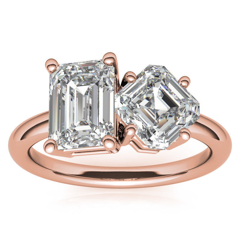 Unique Emerald and Asscher 2-Stone Moissanite Engagement Ring