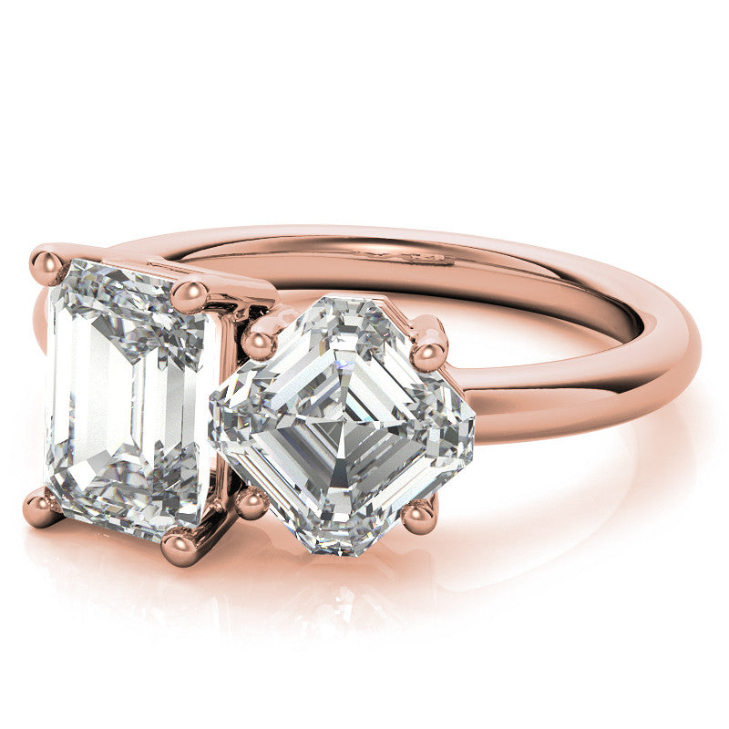 Unique Emerald and Asscher 2-Stone Moissanite Engagement Ring