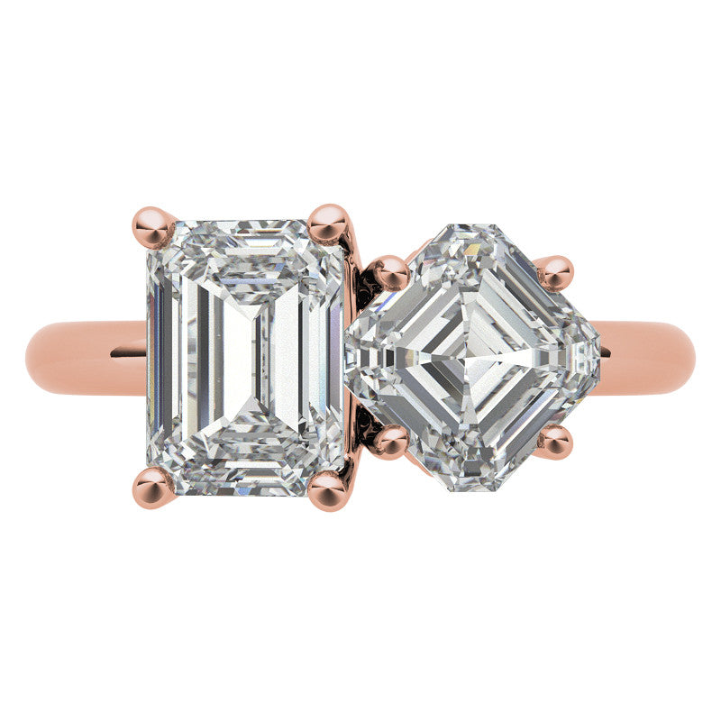 Unique Emerald and Asscher 2-Stone Moissanite Engagement Ring