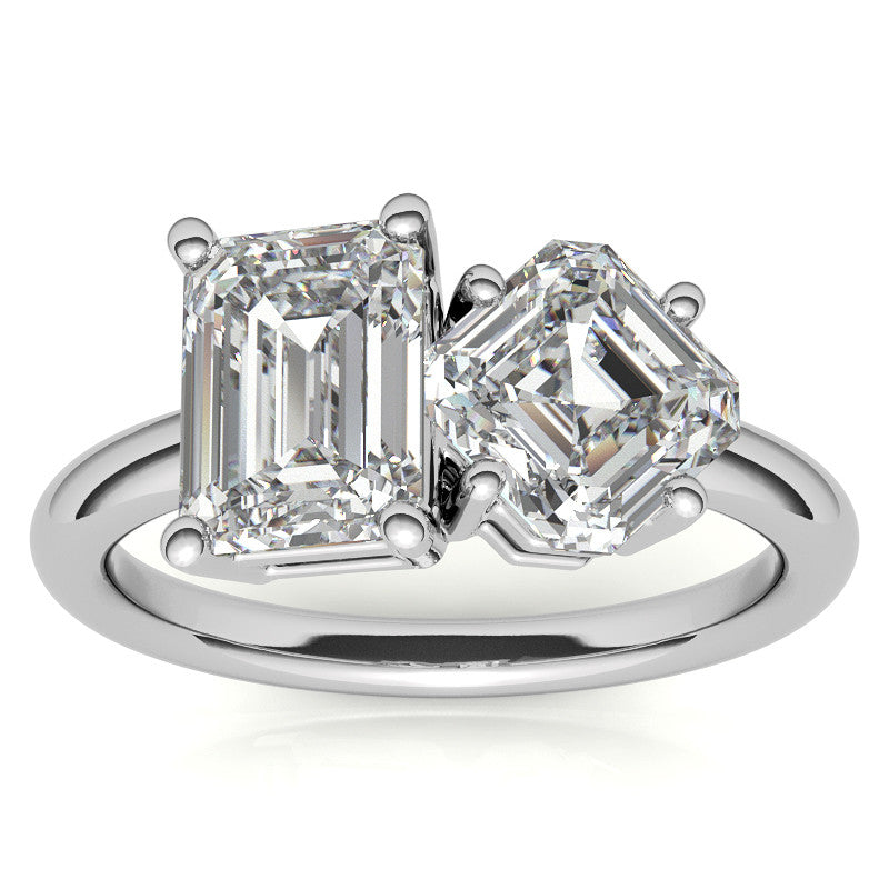 Unique Emerald and Asscher 2-Stone Moissanite Engagement Ring