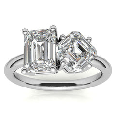 Unique Emerald and Asscher 2-Stone Moissanite Engagement Ring