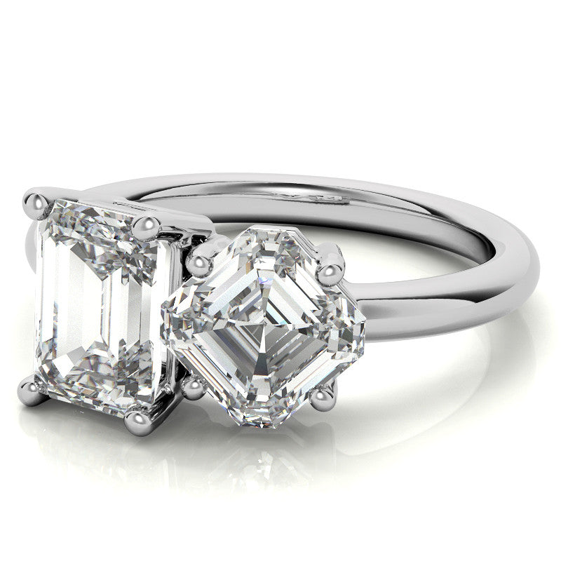 Unique Emerald and Asscher 2-Stone Moissanite Engagement Ring