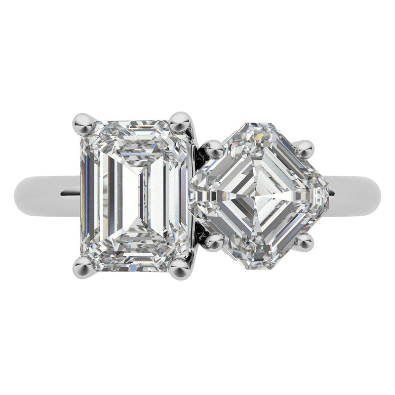 Unique Emerald and Asscher 2-Stone Moissanite Engagement Ring