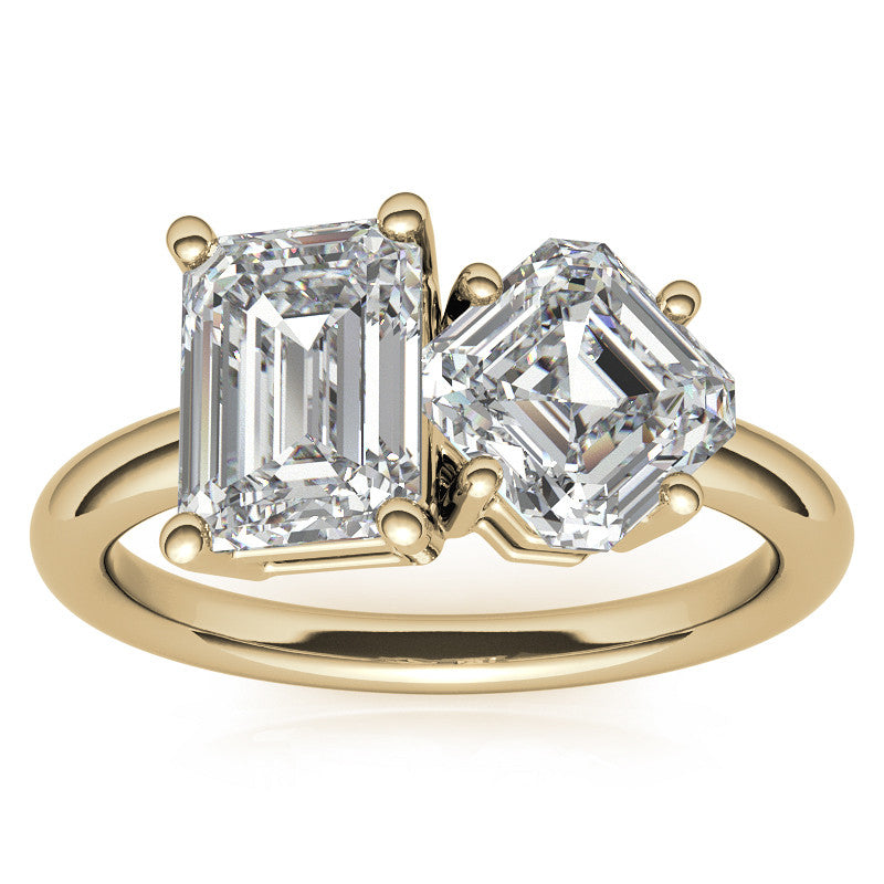 Unique Emerald and Asscher 2-Stone Moissanite Engagement Ring
