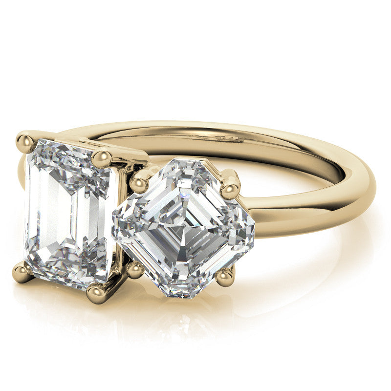 Unique Emerald and Asscher 2-Stone Moissanite Engagement Ring