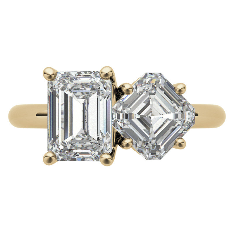Unique Emerald and Asscher 2-Stone Moissanite Engagement Ring