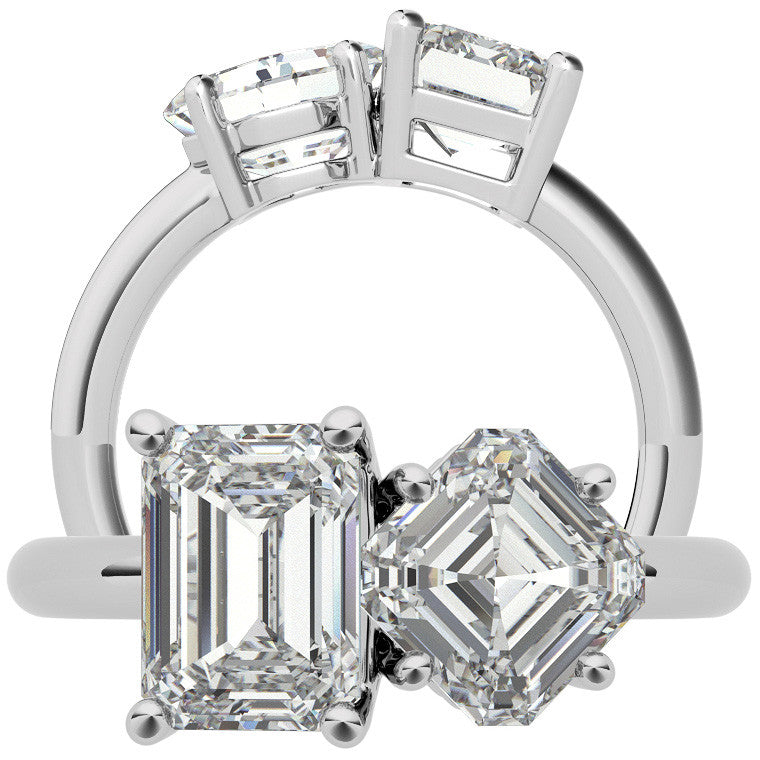 Unique Emerald and Asscher 2-Stone Moissanite Engagement Ring