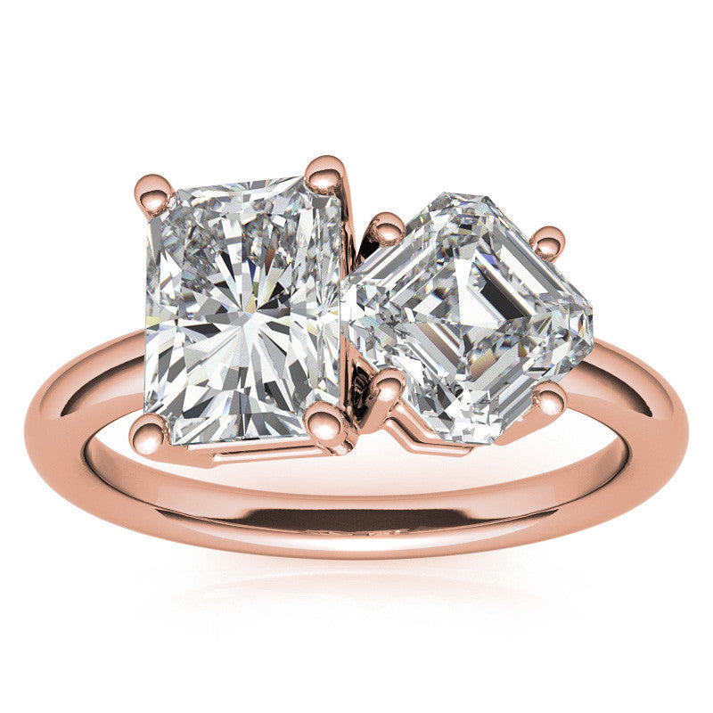 Unique Emerald and Asscher 2-Stone Moissanite Engagement Ring