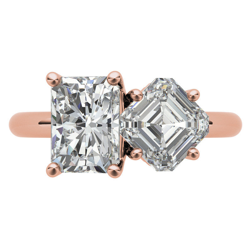 Unique Emerald and Asscher 2-Stone Moissanite Engagement Ring