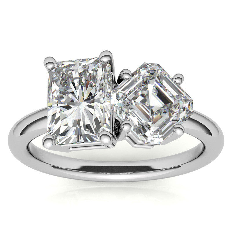 Unique Emerald and Asscher 2-Stone Moissanite Engagement Ring