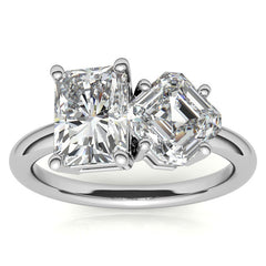 Unique Emerald and Asscher 2-Stone Moissanite Engagement Ring