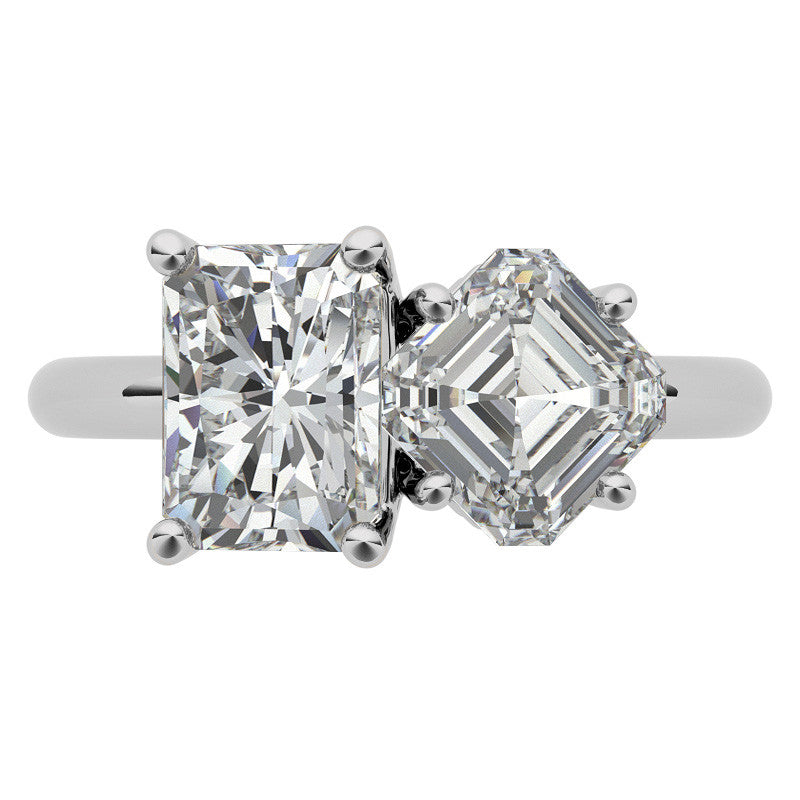 Unique Emerald and Asscher 2-Stone Moissanite Engagement Ring