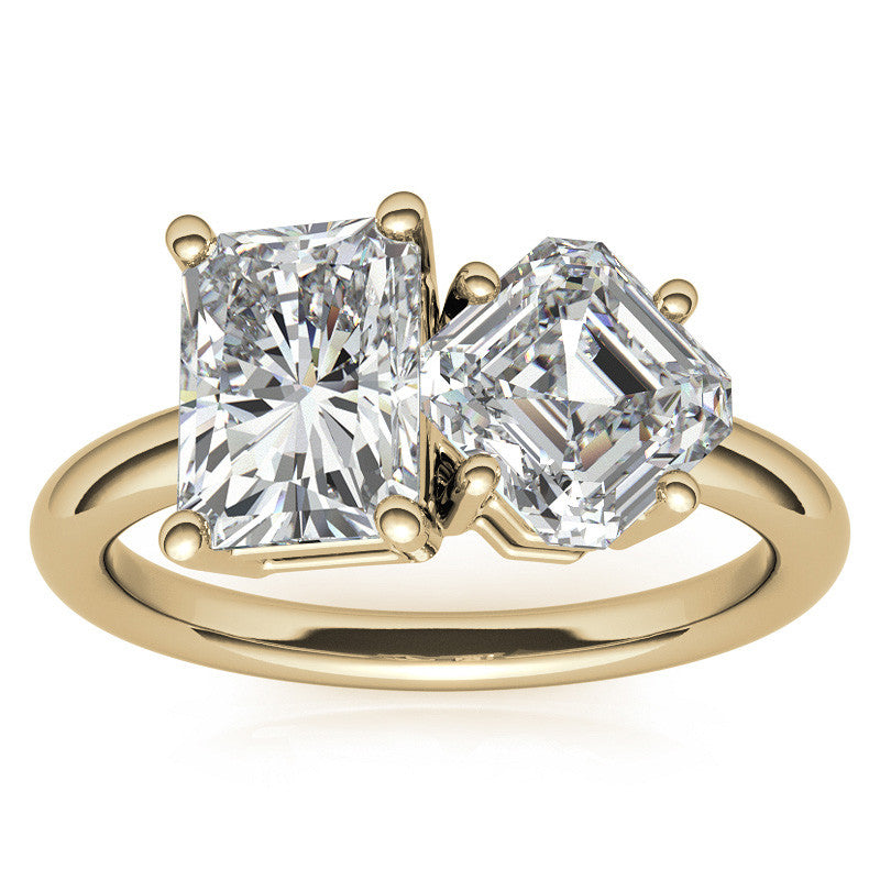 Unique Emerald and Asscher 2-Stone Moissanite Engagement Ring