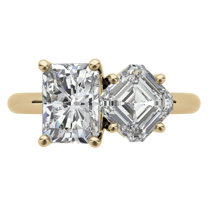 Unique Emerald and Asscher 2-Stone Moissanite Engagement Ring