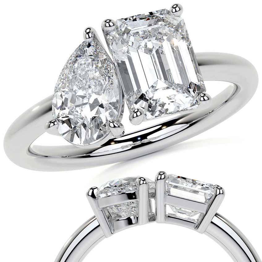 Unique Pear and Emerald 2-Stone Moissanite Engagement Ring