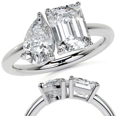 Unique Pear and Emerald 2-Stone Moissanite Engagement Ring