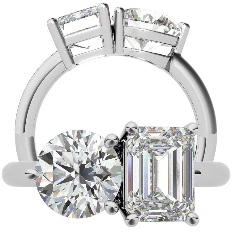 Unique Round and Emerald 2-Stone Moissanite Engagement Ring