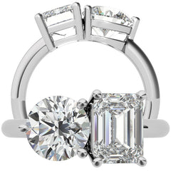 Unique Round and Emerald 2-Stone Moissanite Engagement Ring