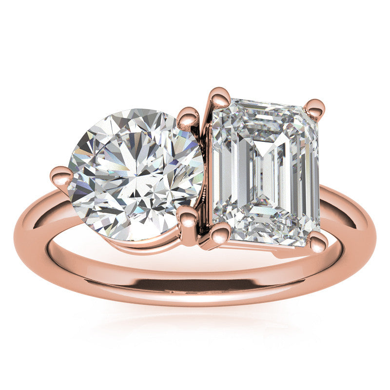 Unique Round and Emerald 2-Stone Moissanite Engagement Ring