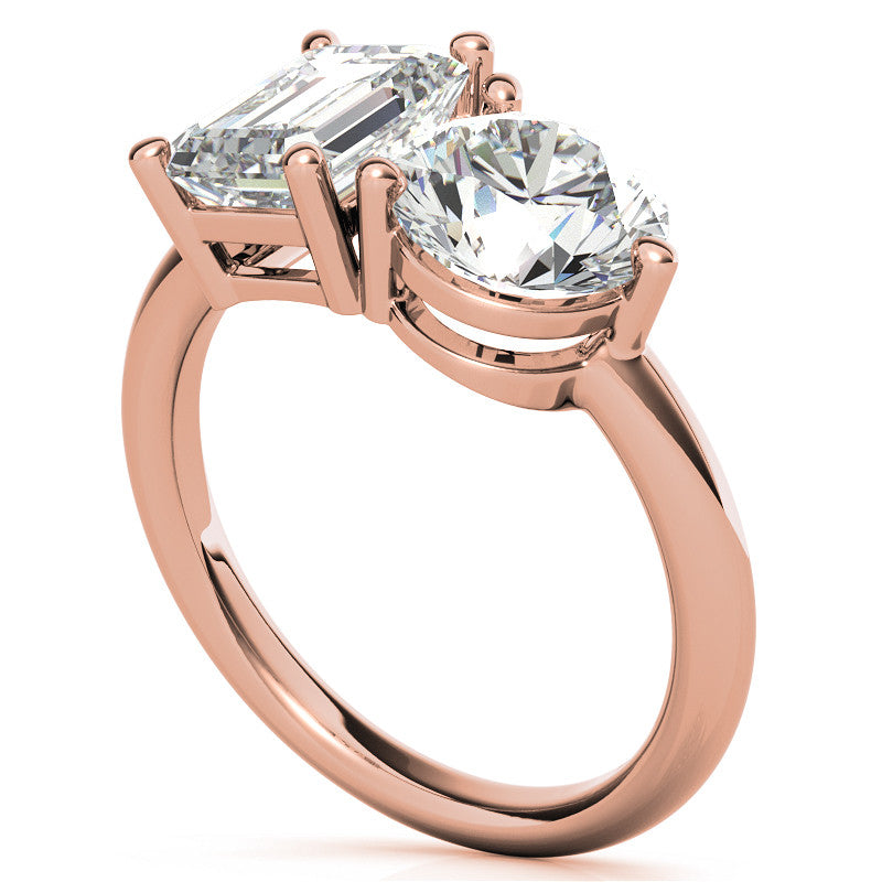 Unique Round and Emerald 2-Stone Moissanite Engagement Ring
