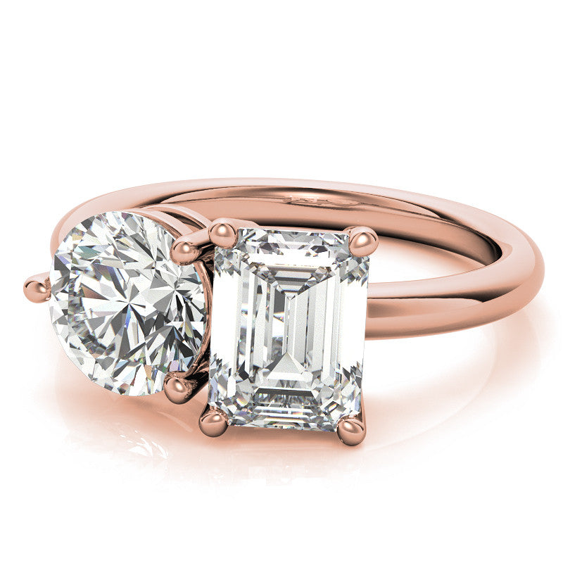 Unique Round and Emerald 2-Stone Moissanite Engagement Ring