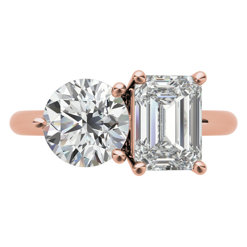Unique Round and Emerald 2-Stone Moissanite Engagement Ring