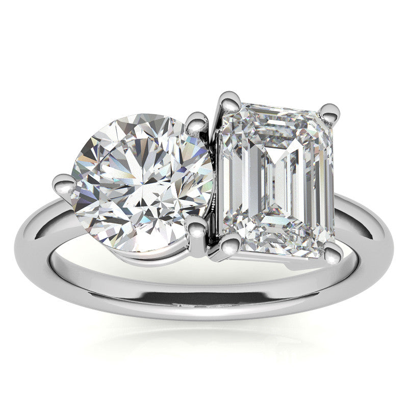 Unique Round and Emerald 2-Stone Moissanite Engagement Ring